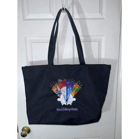 WALT DISNEY WORLD Black Embroidered Nylon Tote Bag-Zip Closure-Shoulder Straps - Picture 2 of 11